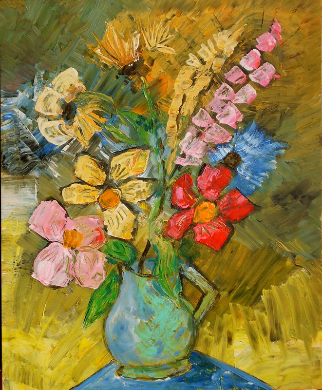 Fleurs pot vert : peinture acrylique sur toile 50 cm x 65 cm
